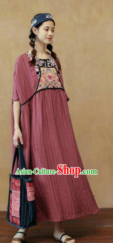 Chinese National Dark Red Flax Dress Embroidered Costume Women Traditional Clothing