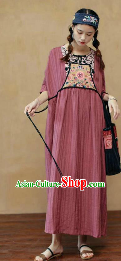 Chinese National Dark Red Flax Dress Embroidered Costume Women Traditional Clothing