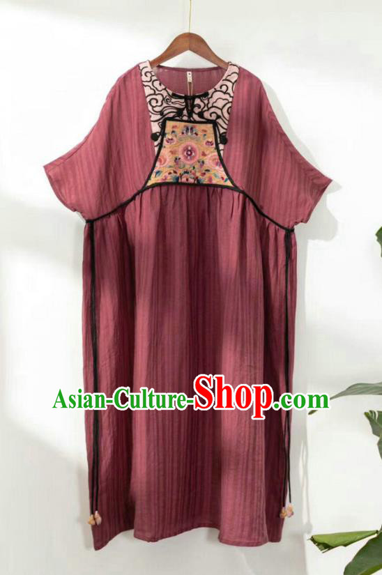 Chinese National Dark Red Flax Dress Embroidered Costume Women Traditional Clothing