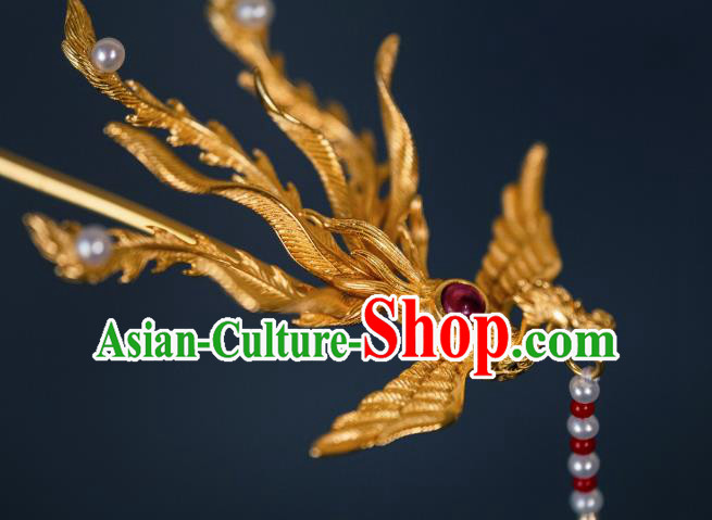 China Ming Dynasty Hair Accessories Handmade Ancient Golden Phoenix Tassel Hairpin
