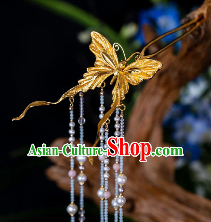 China Traditional Butterfly Tassel Hairpins Song Dynasty Palace Hair Stick Ancient Court Empress Gilding Hair Accessories