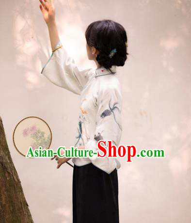 China Tang Suit Upper Outer Garment Traditional Printing Goldfish White Silk Blouse