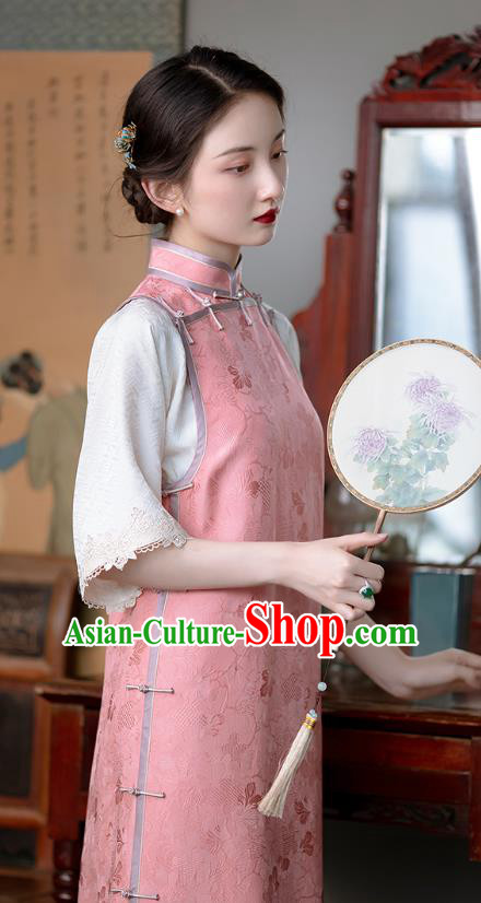 Republic of China Pink Silk Cheongsam Classical Pattern Qipao Dress Traditional National Costume