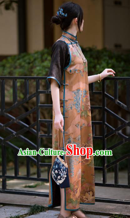 Republic of China Printing Ginger Silk Qipao Dress Traditional National Classical Cheongsam Costume