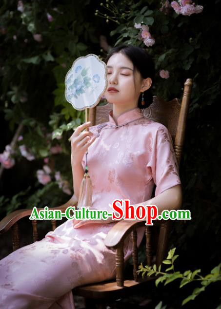 Republic of China Pink Silk Qipao Dress Traditional Classical Costume National Cheongsam