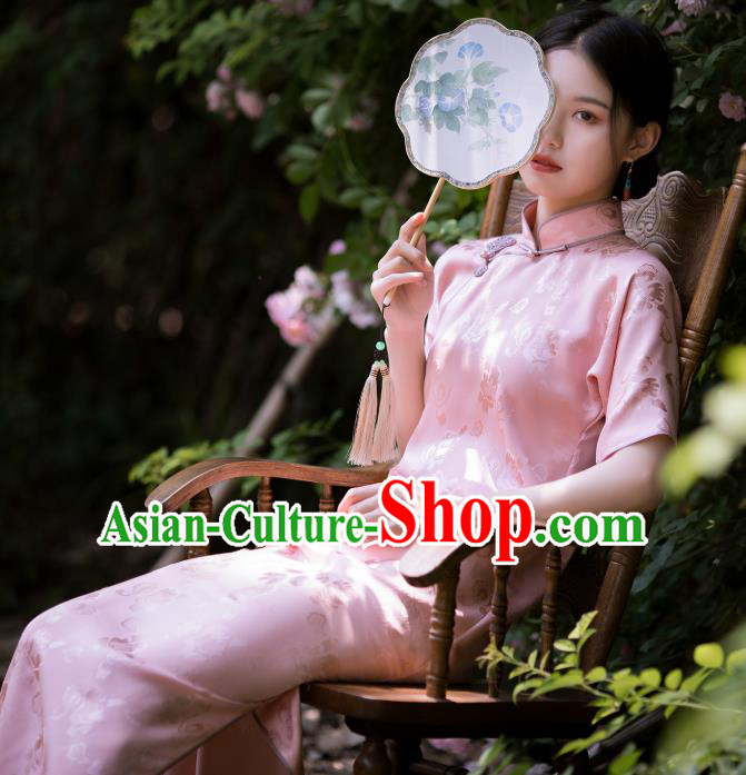 Republic of China Pink Silk Qipao Dress Traditional Classical Costume National Cheongsam