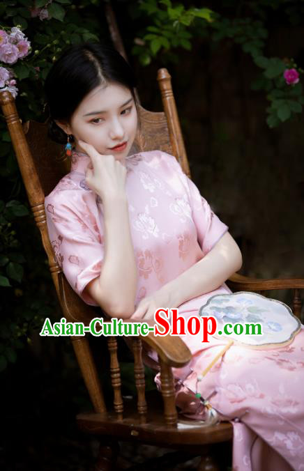 Republic of China Pink Silk Qipao Dress Traditional Classical Costume National Cheongsam