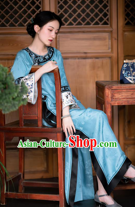 China Traditional Qing Dynasty Qipao Dress Embroidered Blue Silk Cheongsam