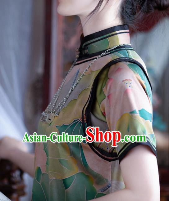 Republic of China Traditional Lotus Pattern Green Silk Qipao Dress Classical Costume National Cheongsam
