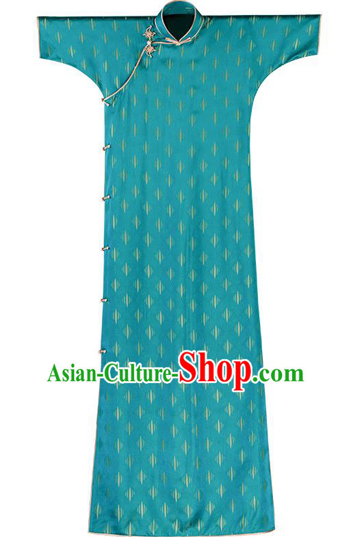 China Classical Cheongsam Costume Traditional Blue Silk Qipao National Women Dress