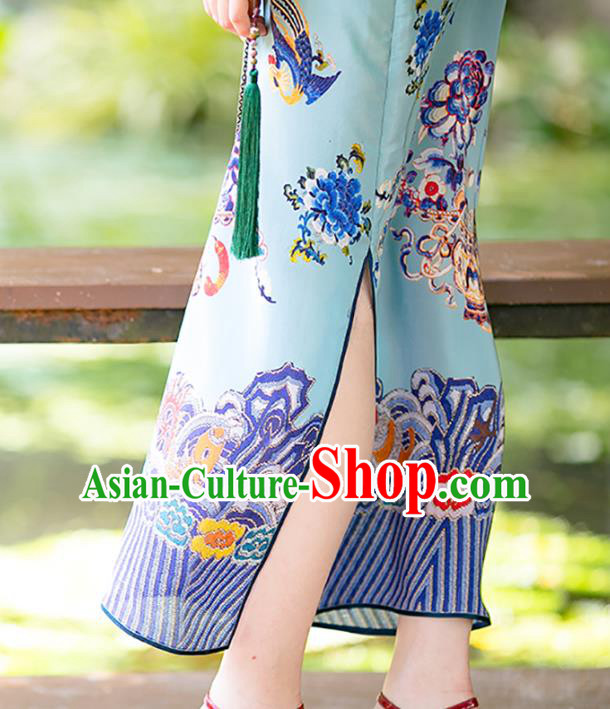China Classical Printing Phoenix Blue Cheongsam National Women Dress Traditional Silk Qipao Costume
