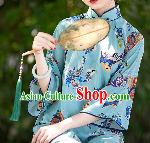 China Classical Printing Phoenix Blue Cheongsam National Women Dress Traditional Silk Qipao Costume