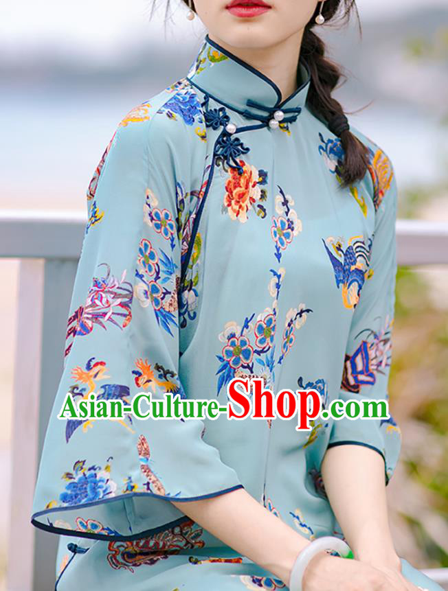 China Classical Printing Phoenix Blue Cheongsam National Women Dress Traditional Silk Qipao Costume
