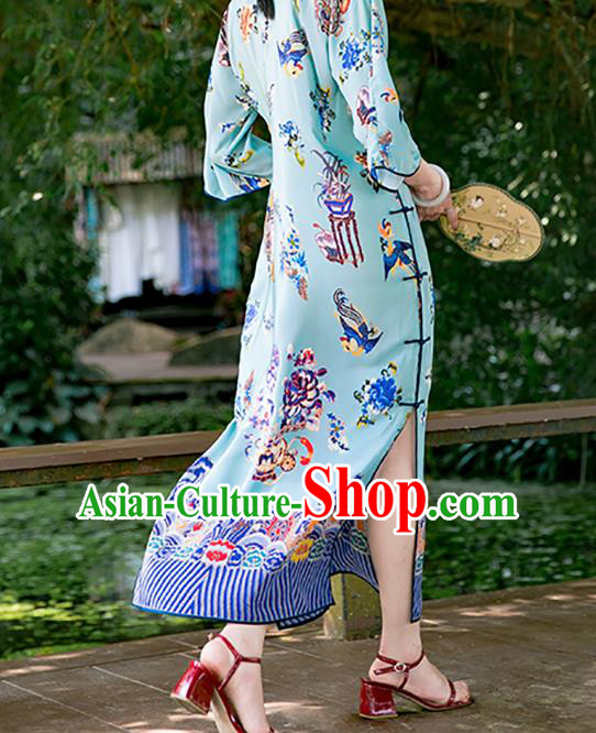 China Classical Printing Phoenix Blue Cheongsam National Women Dress Traditional Silk Qipao Costume