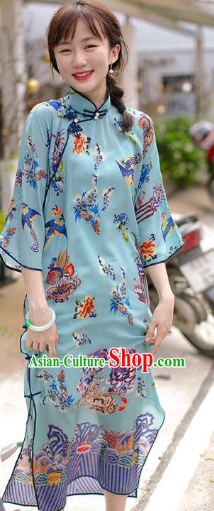China Classical Printing Phoenix Blue Cheongsam National Women Dress Traditional Silk Qipao Costume