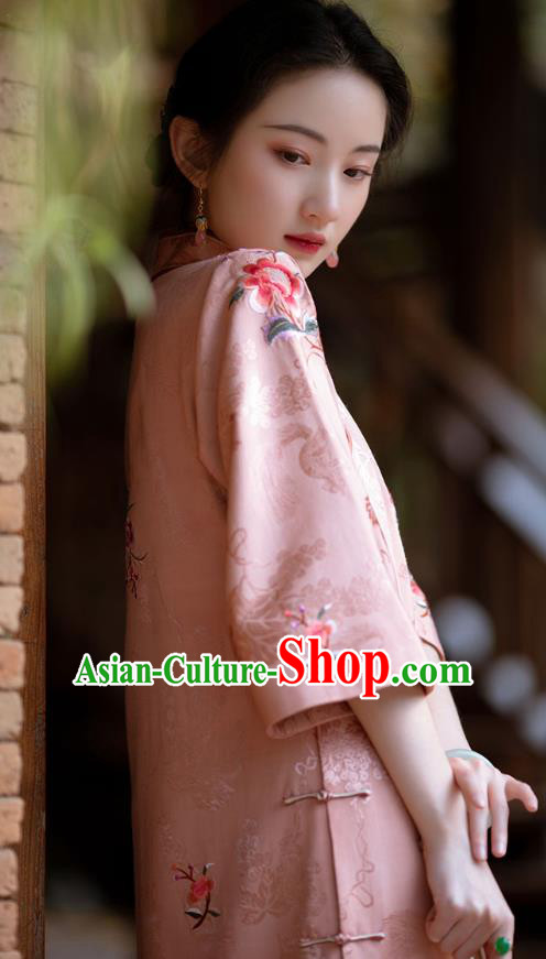 China Classical Pink Silk Cheongsam Traditional Qipao Costume National Women Embroidered Peony Dress