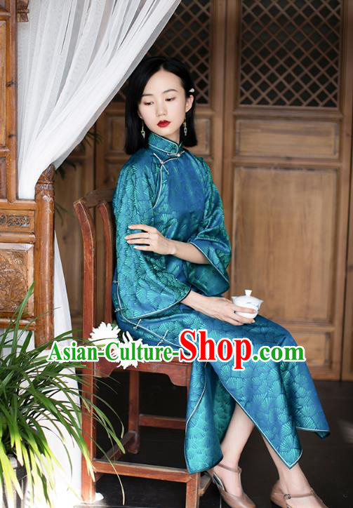 China Traditional Costume Blue Silk Qipao National Women Dress Classical Cheongsam