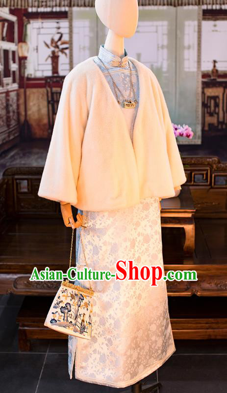 China National Women Dress Classical Light Blue Silk Cheongsam Traditional Qipao Costume