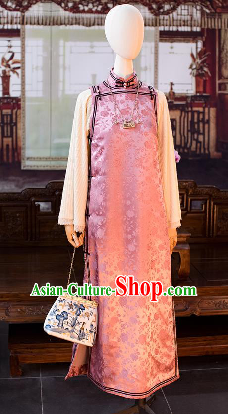 China Classical Lilac Silk Cheongsam Traditional Qipao Costume National Women Dress