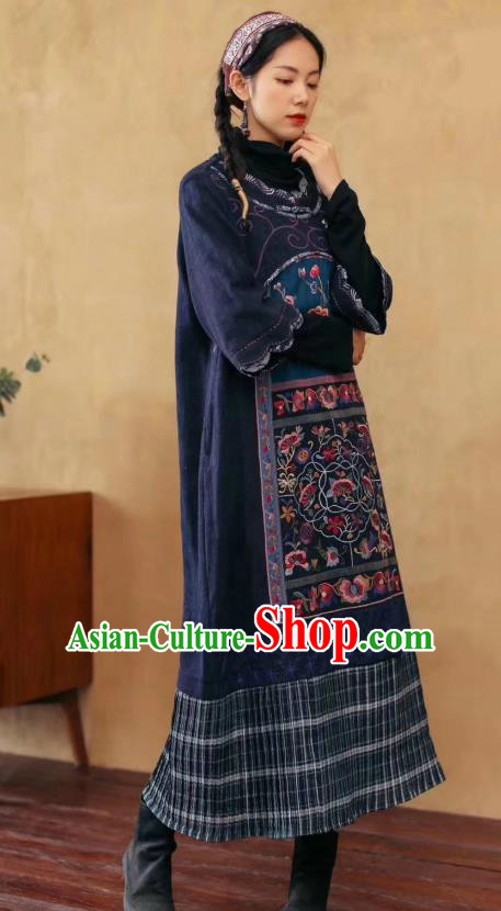 Chinese Retro Embroidered Navy Flax Dress Traditional National Women Cheongsam Clothing