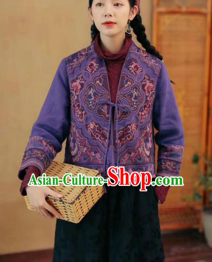 China National Embroidered Purple Flax Jacket Traditional Women Outer Garment Tang Suit Costume