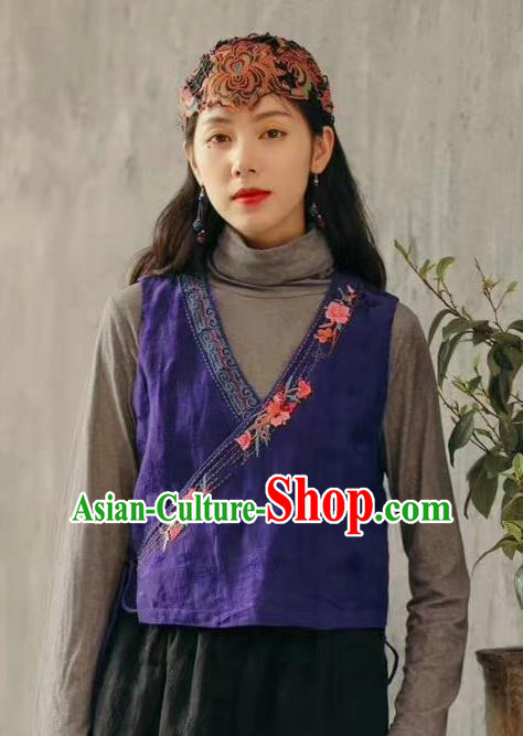 China Traditional Clothing National Women Embroidered Waistcoat Tang Suit Deep Blue Flax Vest