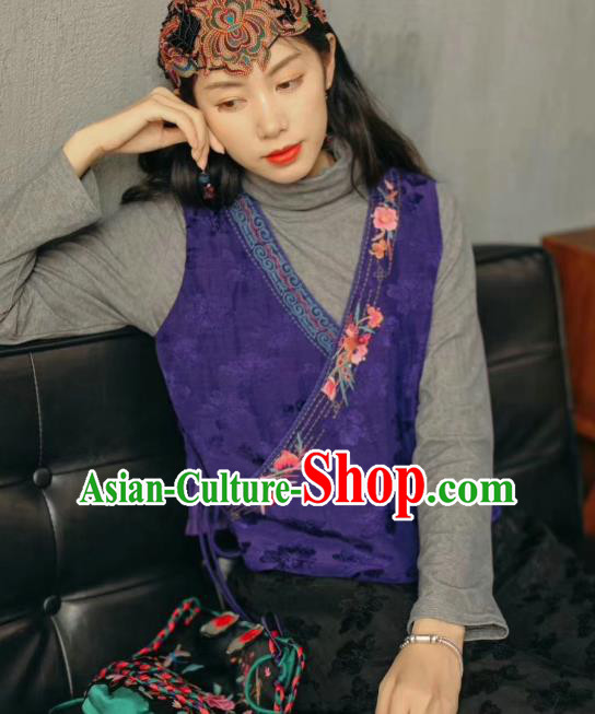 China Traditional Clothing National Women Embroidered Waistcoat Tang Suit Deep Blue Flax Vest