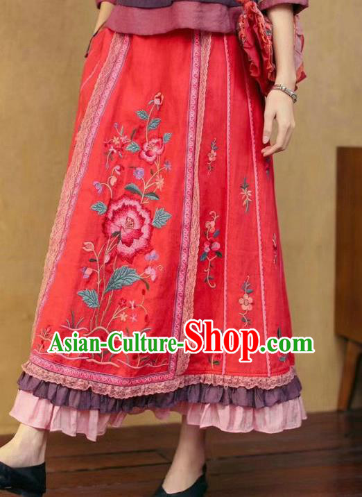 China National Red Ramine Bust Skirt Embroidered Skirt Traditional Female Clothing