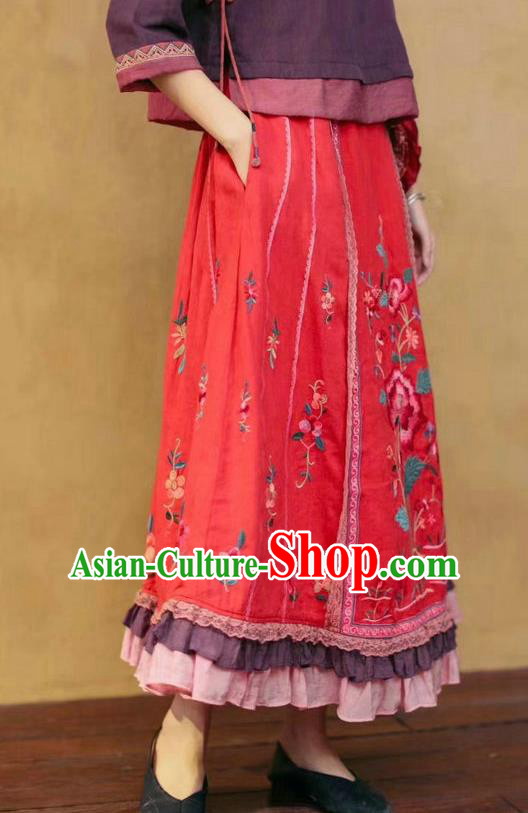 China National Red Ramine Bust Skirt Embroidered Skirt Traditional Female Clothing