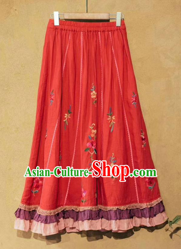 China National Red Ramine Bust Skirt Embroidered Skirt Traditional Female Clothing