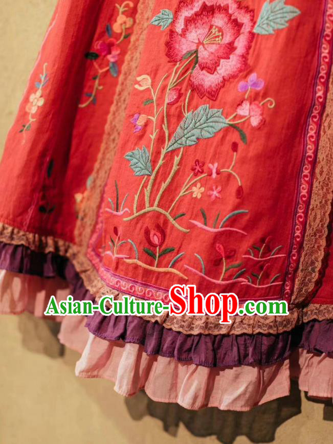 China National Red Ramine Bust Skirt Embroidered Skirt Traditional Female Clothing