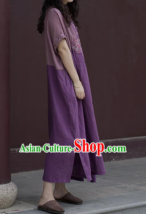 Chinese Traditional National Clothing Embroidered Purple Flax Dress