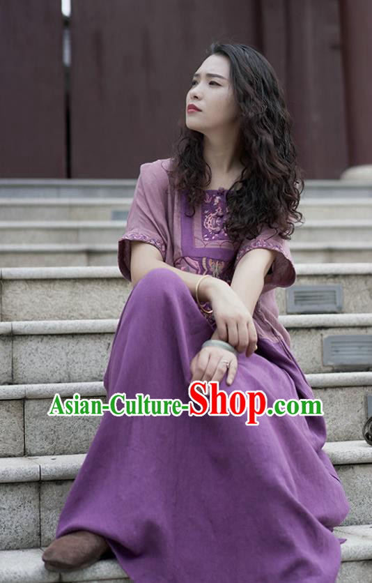 Chinese Traditional National Clothing Embroidered Purple Flax Dress