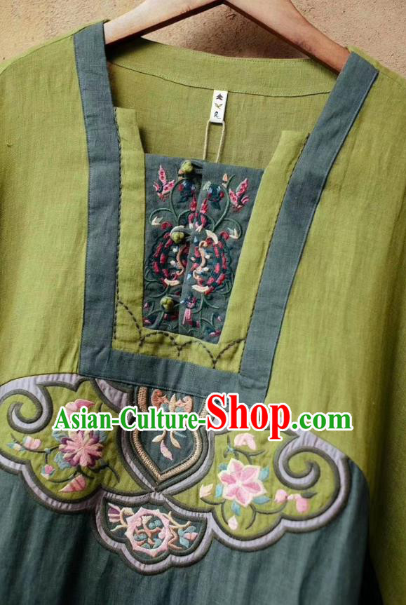 Chinese Traditional Women Fashion Embroidered Green Flax Dress National Clothing