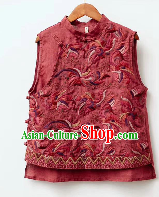 China Traditional Tang Suit Clothing National Waistcoat Embroidered Red Flax Vest