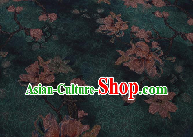 Chinese Classical Yulan Magnolia Pattern Silk Drapery Asian Traditional Cheongsam Deep Green Cloth Fabric