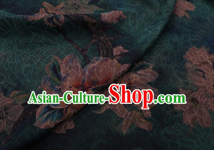 Chinese Classical Yulan Magnolia Pattern Silk Drapery Asian Traditional Cheongsam Deep Green Cloth Fabric