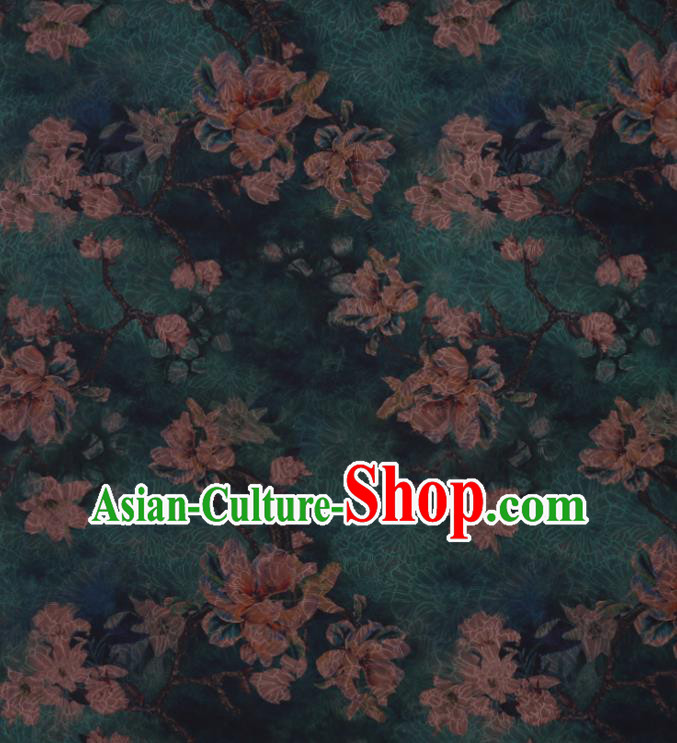 Chinese Classical Yulan Magnolia Pattern Silk Drapery Asian Traditional Cheongsam Deep Green Cloth Fabric