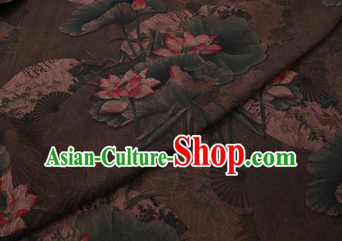Chinese Classical Lotus Pattern Brown Silk Drapery Asian Watered Gauze Fabric Traditional Cheongsam Cloth