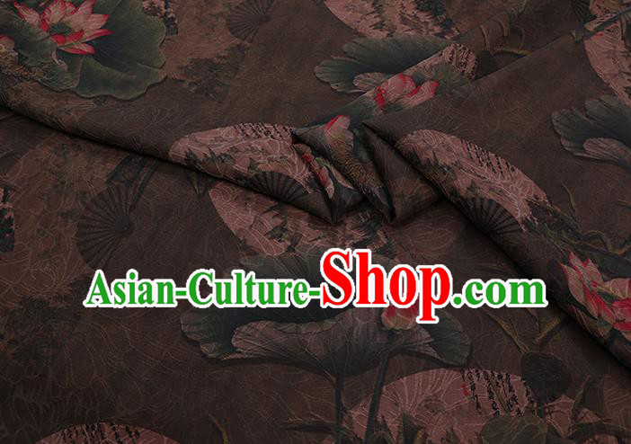Chinese Classical Lotus Pattern Brown Silk Drapery Asian Watered Gauze Fabric Traditional Cheongsam Cloth