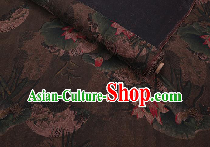 Chinese Classical Lotus Pattern Brown Silk Drapery Asian Watered Gauze Fabric Traditional Cheongsam Cloth