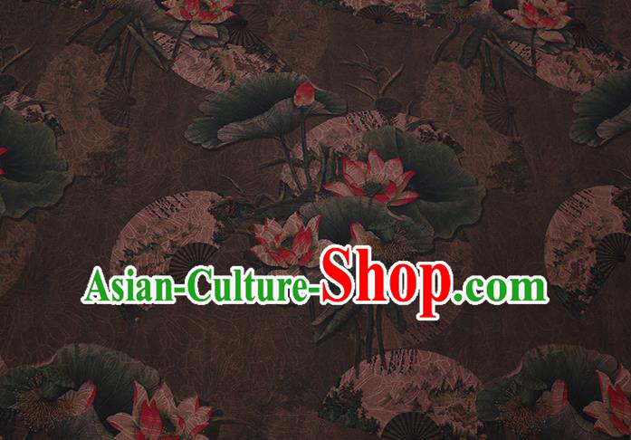 Chinese Classical Lotus Pattern Brown Silk Drapery Asian Watered Gauze Fabric Traditional Cheongsam Cloth