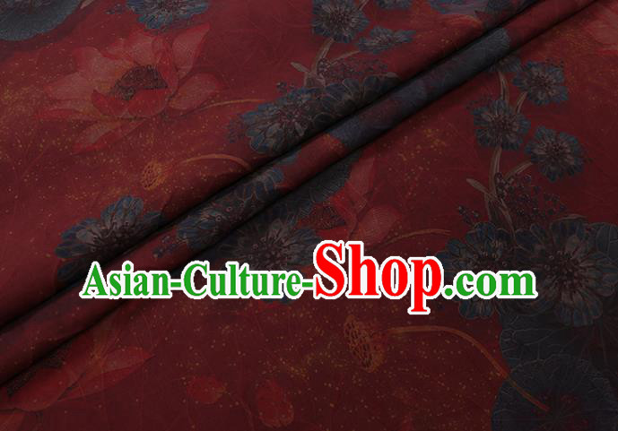 Asian Watered Gauze Fabric Traditional Cheongsam Cloth Chinese Classical Lotus Pattern Red Silk Drapery