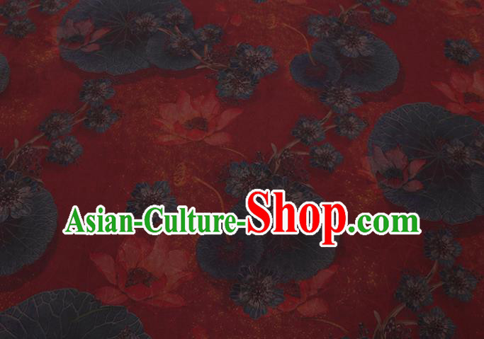 Asian Watered Gauze Fabric Traditional Cheongsam Cloth Chinese Classical Lotus Pattern Red Silk Drapery