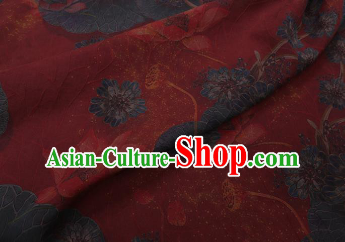 Asian Watered Gauze Fabric Traditional Cheongsam Cloth Chinese Classical Lotus Pattern Red Silk Drapery