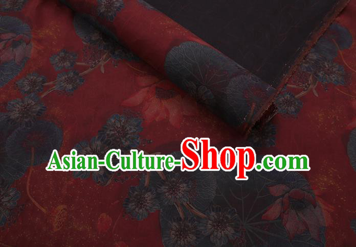 Asian Watered Gauze Fabric Traditional Cheongsam Cloth Chinese Classical Lotus Pattern Red Silk Drapery