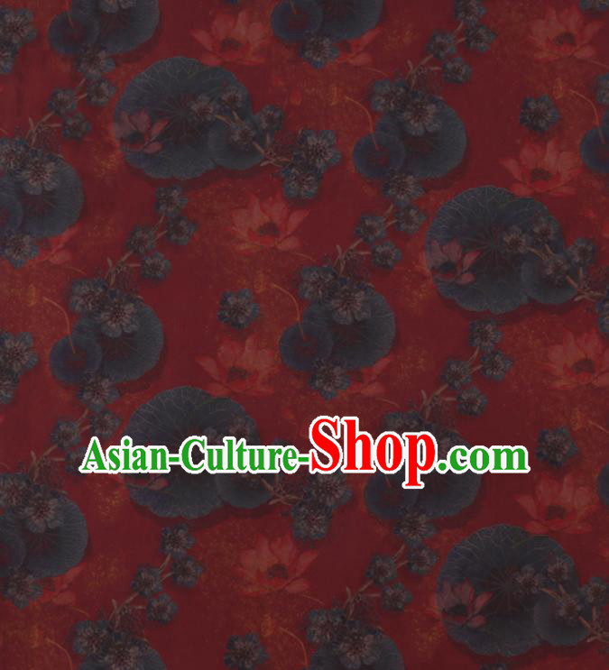 Asian Watered Gauze Fabric Traditional Cheongsam Cloth Chinese Classical Lotus Pattern Red Silk Drapery