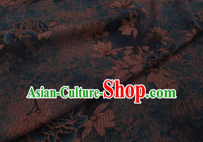 Asian Navy Watered Gauze Fabric Traditional Chinese Classical Peony Pattern Silk Drapery Cheongsam Cloth