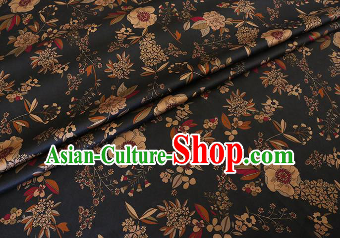 Chinese Classical Camellia Pattern Gambiered Guangdong Silk Black Watered Gauze Traditional Cheongsam Fabric