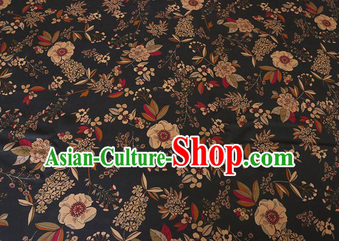 Chinese Classical Camellia Pattern Gambiered Guangdong Silk Black Watered Gauze Traditional Cheongsam Fabric